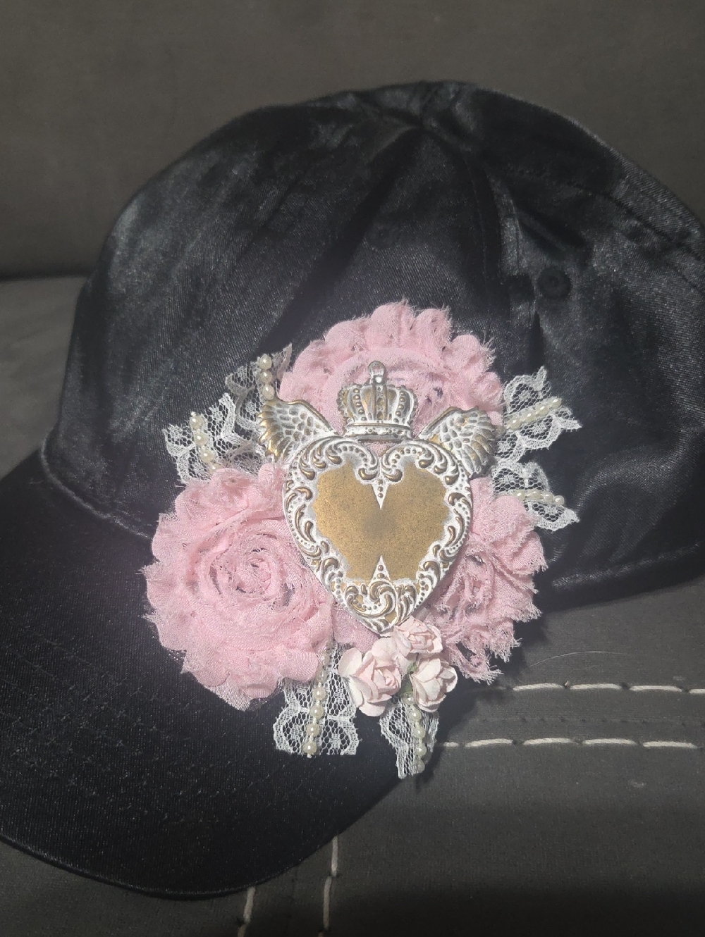 Black Satin Baseball Cap with Pink Floral Heart Accent